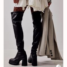 Free People Eu39 Us9 Style No. 78220738; Color Code: 001 Platform Over-The-Knee Boots. Fit: Over-The-Knee Length, Slouchy Fit Smooth Leather Uppers, Square Toe, Chunky Block Heel, Double Stacked Platform Sole, Back Ankle Zipper Leather, Rubber Fall Knee-high Platform Heels, Heeled Boots With Contrasting Heel Counter, Fall Party Platform Boots With Rubber Heel Cap, Fitted Platform Boots With Reinforced Heel, Black Knee-high Platform Boots With Padded Heel, Fall Platform Knee-high Boots For Workwear, Chic Leather Platform Knee-high Boots, Heeled Boots With Leather Sole And Pointed Toe, Black Heeled Boots With Rubber Heel Cap For Fall