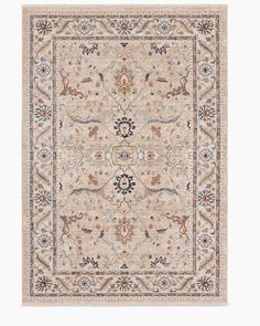 a beige and blue rug with an ornate design