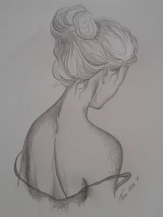 a pencil drawing of a woman's head with her hair in a bunt