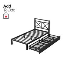 the bed frame is black and has drawers underneath it