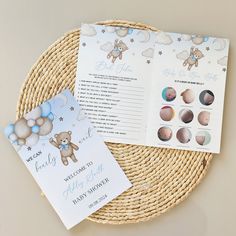 a baby shower book and its contents on a wicker basket with it's instructions