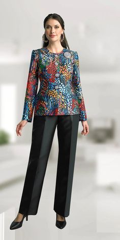 Lily & Taylor 4820 black multi pant suit Elegant Fitted Multicolor Pants, Multicolor Long Sleeve Suits For Spring, Fitted Multicolor Suits For Spring, Black Fitted Pant Set For Spring, Suit Colors, Ladies Pants, Pantsuits For Women, Pant Suit, Twill Pants