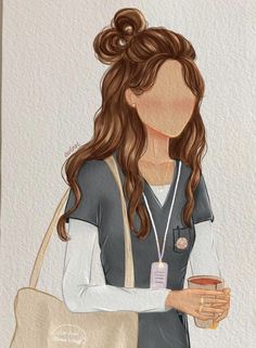 a drawing of a woman with long hair holding a bag and a drink in her hand