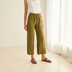 "Our HARLOW pants are definitely cool but with a feminine feel. FEATURES: * elastic waistline * handy side pockets * the inseam is 73 cm / 28.7\" (size S) * 100 % natural, certified linen fabric * dyed and washed in small batches * natural cotton yarns * handmade at a small studio in Europe COLORS: Dyed and washed in small batches, so the color will be unique and superb quality to each piece. Please check the color options on the side menu. SIZE GUIDE / BODY MEASUREMENTS: XS Bust 28- 31\" (72- 8 Olive Linen Pants, Pants For Woman, Casual Linen Pants, Trousers Casual, Buy Linen, Linen Casual, Wardrobe Inspiration, Pants With Pockets, Small Studio