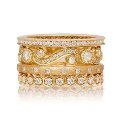 Stack No. 69 is ancient architectural royalty, with historic dynamic details. This Sethi Stack includes the following styles: Channel White Diamond Band in Yellow Gold Scroll White Diamond Band in Yellow Gold Dunes Narrow White Diamond Brushed Band in Yellow Gold Regency White Diamond Band in Yellow Gold 18K Yellow Gold Rose Cut White Diamonds Brilliant Cut White Diamonds Stack Width: 11.7mm Luxury Stackable Yellow Gold Rings With Thick Band, Fine Jewelry Yellow Gold Stackable Rings With Polished Finish, Tarnish-resistant Heirloom Stackable Rings In Yellow Gold, Luxury Yellow Gold Stackable Rings In Recycled Gold, Luxury Yellow Gold Plated Stackable Rings, Romance Gifts, Diamond Huggies, Diamond Stacks, Diamond Stacking Rings