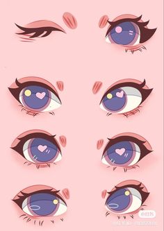 an anime character's eyes with different shapes and colors