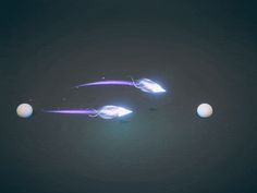 three white balls are flying through the air with purple light coming from them and one ball is in the foreground