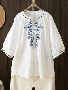 Women's Summer Blouse Top Embroidery Floral Vintage Casual Shirt Mid Sleeve Spring Tunic Tops With Embroidered Hem, Traditional Spring Tops With Embroidered Neckline, Traditional V-neck Spring Blouse, Spring Tunic Blouse With Multicolor Embroidery, Spring Tunic Blouse With Embroidered Hem, Spring Multicolor Embroidered Tunic Blouse, Summer Embroidered Tunic Blouse, Summer Long Sleeve Blouse With Intricate Embroidery, Casual Summer Tops With Intricate Embroidery