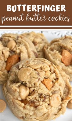 peanut butter cookies on a white plate with text overlay that reads, butterfingerer peanut butter cookies