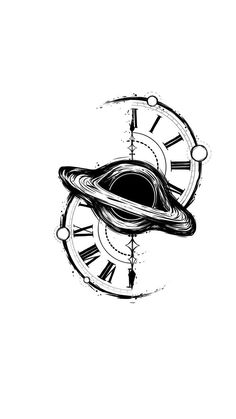 a black and white drawing of a saturn clock