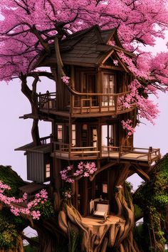 Cherry Blossom Tree House Digital Illustration Art Print Cabin Sunset, Massive Tree, Blox Burg, Plush Armchair, Tree Cottage, Organic Structure, Tree House Designs, Porch Area, Cedar Trees