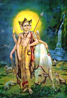 an image of the hindu god sitting on top of a cow and holding a spear