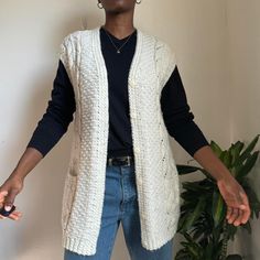 Vintage V-neck button down chunky knitted sweater vest with side pockets  Fits model like a M/L (No marked size) Model is size S  Height 5'9 💛Please refer to measurements for accurate fit💛 Shoulder to shoulder: 21.5" Pit to pit: 21.5" Length: 30.5" Brand: Unknown  Material: Unknown  📌Please read shop policy📌 💕Ask me any questions💕 Chunky Knitted Sweater, Knitted Sweater Vest, Sleeveless Sweaters, Sleeveless Jumper, Sweater Vests, Womens Sweater, Button Down, Sleeveless Sweater, Knitted Sweater