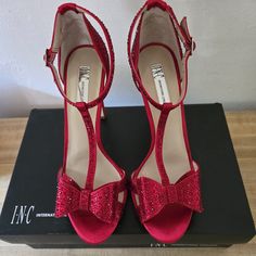 I N C International Concepts Spicey Red Crystal, T Strap, Open Toe Pumps; Approximately 4.5 Inch Satin Covered Heel; Nwot. Red Synthetic Heels For Evening, Party Sandals With Removable Insole In Red, Red Party Sandals With Removable Insole, Red Pumps, Red Crystals, T Strap, Inc International Concepts, Me Too Shoes, Shoes Women Heels