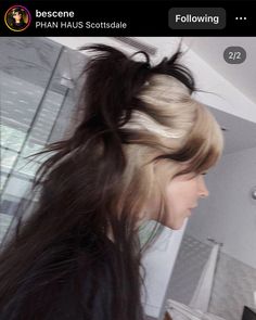 Hair Color At The End Of Hair, Wolfcut Hair Long Blonde Highlights, Feathered Hair With Curtain Bangs, Dyed Hair Blonde And Brown, White Roots And Black Ends, Dyed Roots On Brown Hair