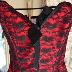 This Laces Up And Zips No Smoke Or Pets It Is Red With Black Lace It Measures From The Top To Bottom : 16.5 Red Party Corset With Built-in Bra, Red Evening Corset With Boning, Red Sleeveless Corset With Boning, Red Lace Corset For Party, Red Evening Corset, Red Lace Party Corset, Red Corset With Built-in Bra For Night Out, Red Underbust Corset For Evening, Red Evening Underbust Corset