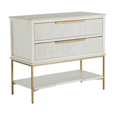 a white dresser with two drawers and gold trimmings on the bottom, against a white background