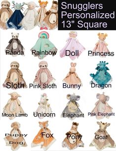 an image of stuffed animals with names on them