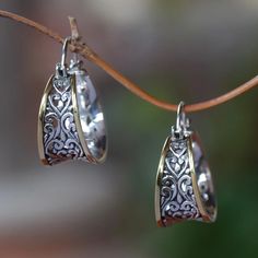 Gold Accented Sterling Silver Hoop Earrings from Bali - Between Sunlight | NOVICA Silver Earrings Novica, Cheap Silver Bohemian Hoop Earrings, Cheap Bohemian Silver Hoop Earrings, Ear Rings, Sterling Silver Hoop Earrings, Accessories Jewelry Earrings, Sterling Silver Hoops, Balinese, Silver Earrings Dangle