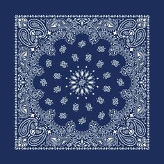 a blue and white bandanna with an intricate design on the front, in square format