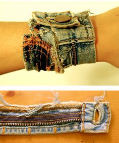 two different views of a person's arm with some torn up jeans on it