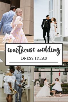 four different photos with the words continuous wedding dress ideas in black, white and pink