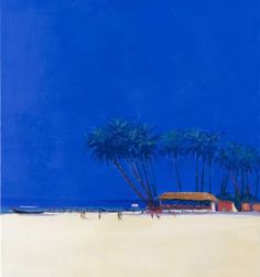 a painting of people walking on the beach with palm trees in the foreground and a blue sky behind them