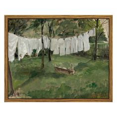 an oil painting of clothes hanging out to dry on a line in the grass near trees