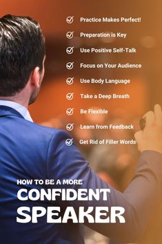 the back of a man in a blue suit and tie with words on it that say, how to be more confident speaker