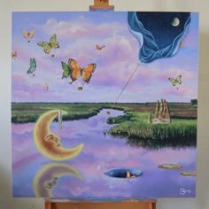 a painting of a man's face with butterflies flying over him and the moon in the sky