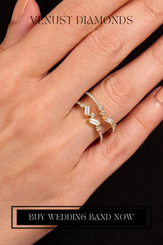 a woman's hand with a diamond ring on top of her finger and the words, buy wedding band now