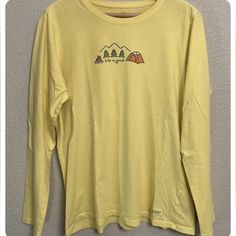 New Life Is Good Classic Fit Pullover Tshirt Long Sleeve Top Camping Yellow Sz S New Without Tags 23 Yellow Long Sleeve T-shirt With Screen Print, Everyday Long Sleeve Graphic Tee Tops, Everyday Long Sleeve Graphic Tee, Everyday Long Sleeve Graphic Print Tops, Yellow Long Sleeve Graphic Tee, Basic Long Sleeve Tops With Screen Print, Yellow Long Sleeve Top With Screen Print, Long Sleeve Yellow T-shirt With Screen Print, Life Is Good Tshirts