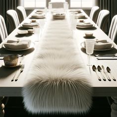 a long table is set with place settings and silverware, along with a white fur runner