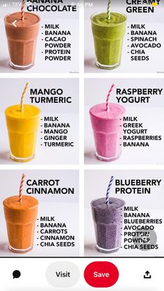 an image of different smoothie drinks with names in the bottom right hand corner and on the left