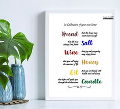 a poster with the words bread, salt, wine, honey, oil and candle