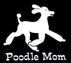 the poodle mom logo is shown on a black background with white letters and an image of a dog riding a skateboard