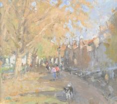 an oil painting of people walking down a street with trees and buildings in the background