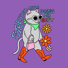 a cartoon cat with sunglasses and boots holding a flower