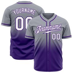 a baseball jersey with the name and number on it in purple, white and grey