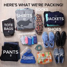 there are many items that can be found in the packing bag, including shoes and backpacks