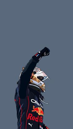 a man with his arms in the air holding up a red bull car on top of him