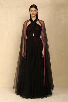 TULLE & SATIN HALTER GOWN WITH DETACHABLE TULLE EMBROIDERED CAPE Goddess Party, Detachable Cape, Tulle Cape, Embroidered Cape, Cape Gown, Disney Bounding, Halter Gown, Black Hot Pink, Wardrobe Edit