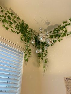 ivy growing on the corner of a room with ornaments hanging from it's ceiling