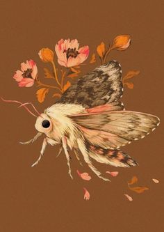 a painting of a moth and flowers on a brown background