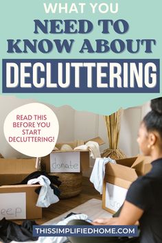 Woman sitting on the floor facing boxes labeled for decluttering.