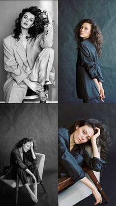 black and white photos of women sitting in chairs, one with her hand on her head