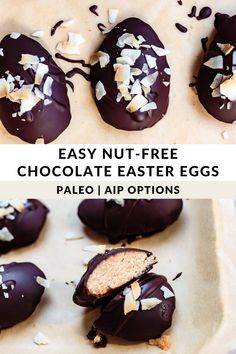 chocolate easter eggs with coconut on top and the words, easy nut - free chocolate easter eggs