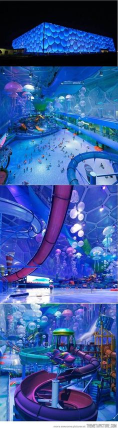 three different views of an underwater park at night