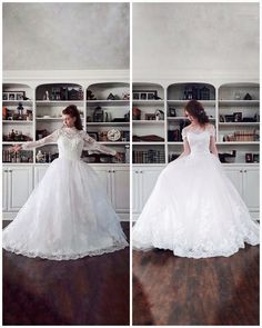 two pictures of a woman in a wedding dress