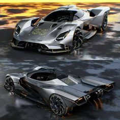 two futuristic cars are shown side by side in this image, one is silver and the other is black